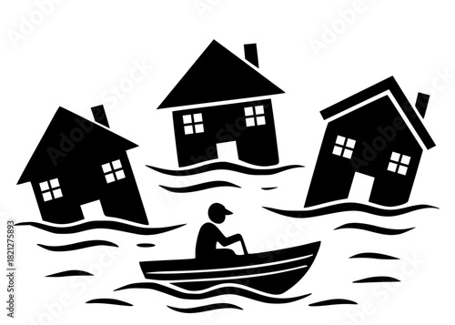 Black graphic of three houses partially submerged in floodwaters, with a person navigating in a small boat. Illustrates concepts of natural disaster, climate change, emergency rescue, proper