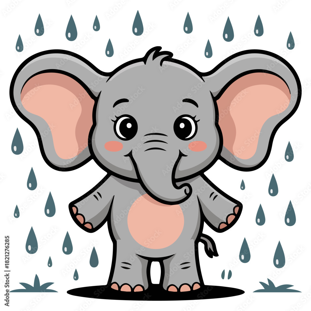 Naklejka premium An adorable elephant enjoying the rain. The cute elephant is standing under raindrops and seems happy