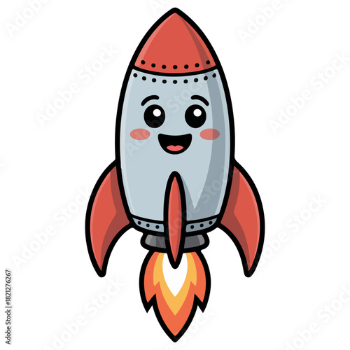A cartoon rocket ship with smiling face taking off, with its engine on fire