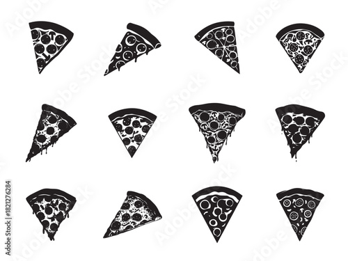 Twelve Monochrome Pizza Slices Depicting Different Toppings on a White Background