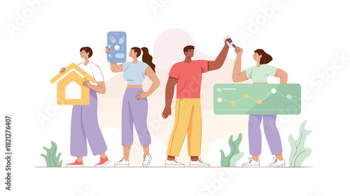 A vibrant graphic design featuring a group of four diverse figures with one prominently holding a yellow object rendered in a modern clean vector style with bold colors and clear lines