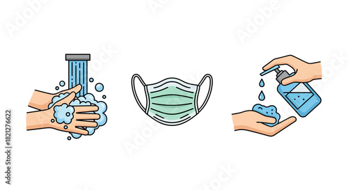 Hygiene and protection measures including hand washing with soap and water, wearing face mask, and using hand sanitizer, isolated on