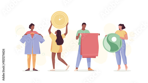 A vibrant vector illustration depicting a group of four distinct figures with one prominently holding a bright blue object presented in a clean modern graphic style