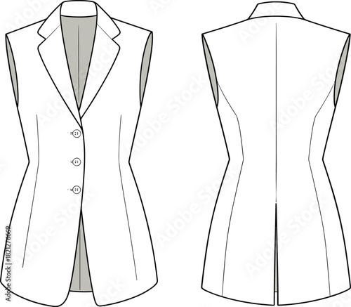 Sleeveless tailored long vest fashion flat vector illustration showcasing structured front and back technical details for professional womenswear garment design