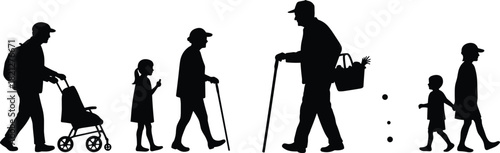 Life stages silhouette, generational journey, family evolution, aging process, childhood to elderly, human development, symbolic growth, timeless concept, age transition, legacy