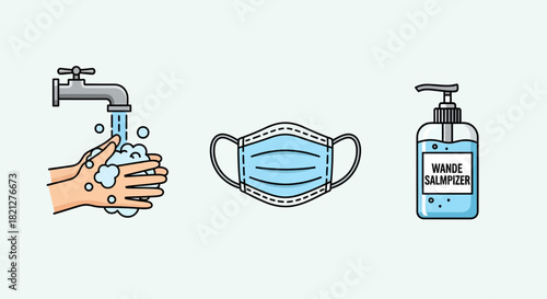 Set hygiene icons including hands being washed under faucet with soap and water, protective face mask, and bottle hand sanitizer, representing health and safety measures