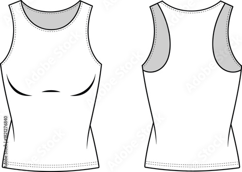 Women’s fitted tank top fashion flat sketch featuring clean armholes, curved bust shaping, minimal seams, and precise technical vector illustration design