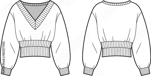 Cozy women’s cropped sweater fashion flat sketch with deep V-neckline, ribbed cuffs and hem, relaxed sleeves, and detailed vector technical illustration design