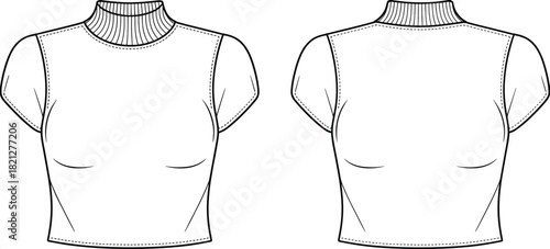 Ribbed mock-neck cropped top fashion flat sketch featuring cap sleeves, shaping darts, clean technical vector illustration with detailed front and back design