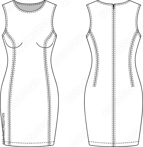 Sleeveless bodycon dress fashion flat sketch featuring contour seams, bust shaping, fitted silhouette, clean technical vector illustration with detailed front and back design