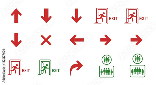 Collection red and green directional arrows, exit signs with running figures, and crowd symbols, indicating movement, direction, and safety, isolated on