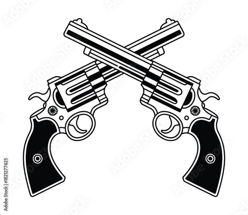 Two revolvers are crossed in a classic duel stance.