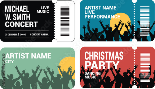 Concert and Event Ticket Designs with Crowd Silhouettes, Live Music Passes, Christmas Party Tickets, Barcode Layouts