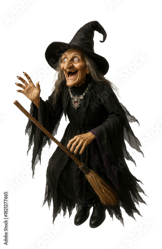 A motion-activated animatronic witch cackles to surprise porch visitors.