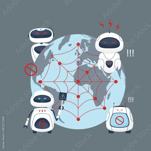 AI robots have escaped human control and are taking over planet. Bots and cyborgs have ensnared the planet in vast web. Artificial intelligence is replacing humans in many areas.