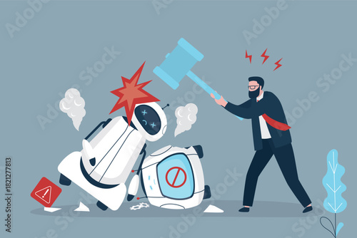 Disgruntled man smashes robots with hammer. Freedom from technology, artificial intelligence, and cyborgs. Fight against new technologies, innovations and chatbots