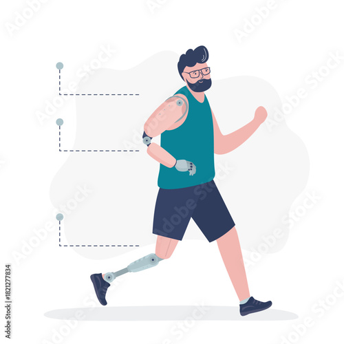 Patient with artificial limb can do using therapeutic exercise. Young man running with leg prosthetic appliance. Rehabilitation after trauma or amputation.