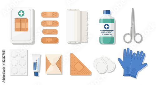 Collection first aid supplies, including bandages, antiseptic wipes, medical tape, scissors, gloves, and ointment, neatly arranged for emergency medical care, isolated on