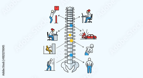 Diagram illustrating the human spine and its associated issues and causes, including poor posture, car accident, and desk work, isolated on