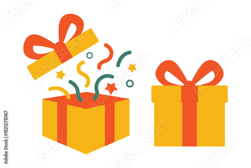 Two yellow gift boxes with orange ribbon, one open with confetti