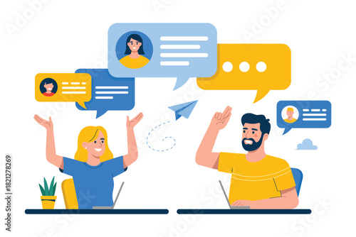 People communicating via online messaging and social media platforms.