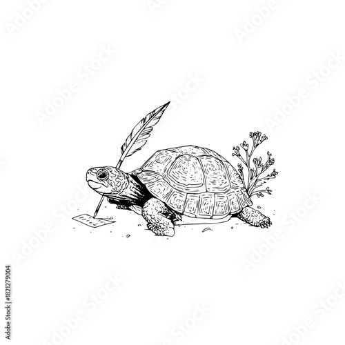 A detailed line drawing of a turtle holding a quill pen and writing on a piece of paper with plants nearby
