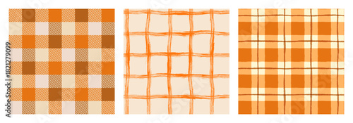Orange, brown and beige gingham, plaid vector seamless pattern set, Check autumn and Thanksgiving backgrounds