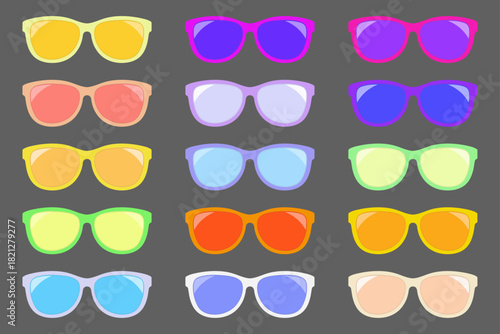 A diverse set of colorful sunglasses featuring different stylish with colorful vibrant lenses suitable for fashion vector illustration