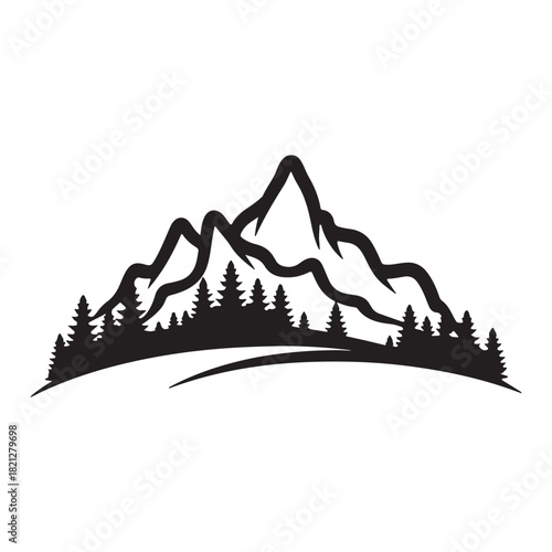 Vector illustration of a mountain landscape design featuring a set of icons with a sun symbol and silhouette art drawing