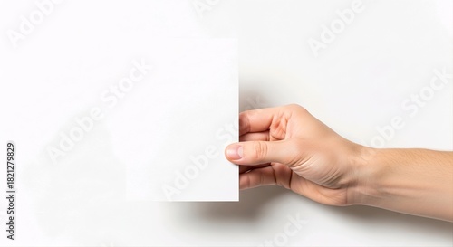 hand holding blank business card on white 