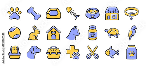 Pet care and veterinary hand drawn icons set isolated on white background.