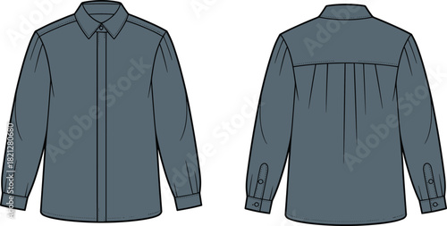 Long sleeve button-up shirt, technical flat sketch, fashion design template, garment construction, apparel mockup, front and back view, vector illustration