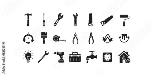 home repair black and white icons set