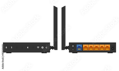 Wireless router front and back view isolated on white. Vector router device for educational content, tech blogs, product manuals, IT-related visuals