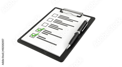 Task completion list on clipboard with pen concept isolated on transparent background