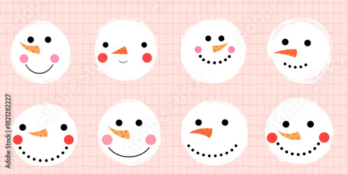 Cute vector snowmen faces illustration, fun textured snow balls with mouths and eyes