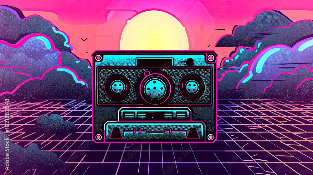 Fototapeta premium Synthwave cassette dreams floating on retro grid under setting sun of neon vaporwave skies, a perfect mockup