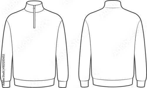 Long sleeve pullover technical sketch, front and back view, high collar, zipper detail, ribbed cuffs, fashion design, apparel mockup, vector illustration