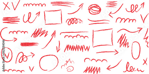  hand-drawn red doodle elements, often referred to as marker strokes or highlights. hand written arrow elements 