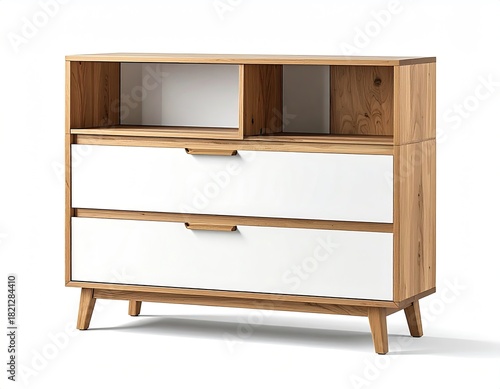 Wallpaper Mural Light-brown wooden chest of drawers with white fronts and mid-century legs.  Open compartments above two drawers.  Studio shot on white background Torontodigital.ca