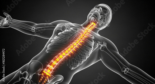 Human body with transparent skin showing skeleton and spinal column highlighted in orange color tone