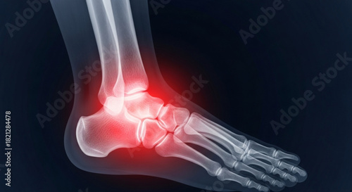 Ankle x ray showing inflammation and pain in the foot bones with a dark blue background image view