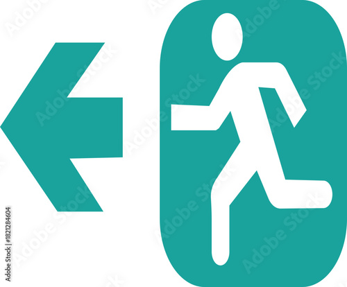 Emergency exit icons.Full set of 22 isolated Emergency exit symbols on green rectangle board. Official ISO 7010 safety signs standard. running man symbol indicating exit direction.