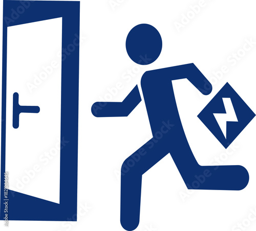 Emergency exit icons.Full set of 22 isolated Emergency exit symbols on green rectangle board. Official ISO 7010 safety signs standard. running man symbol indicating exit direction.