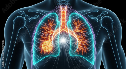 Anatomical rendering of human torso with lungs and respiratory system highlighted in vibrant colors