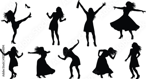 Celebration dance silhouette set, expressive women poses, black on white, high heels, flying shoe, bottle gesture, joyful movement, party icon