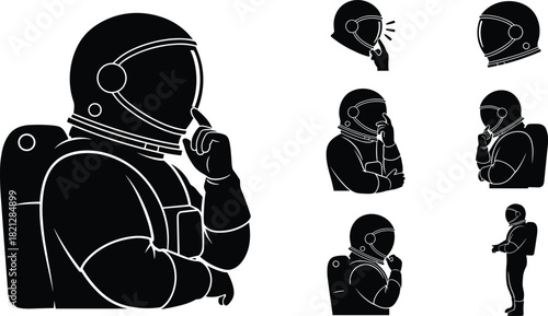 Astronaut thinking silhouette set, space suit poses, black on white, contemplation icon, helmet figure, decision gesture, exploration theme