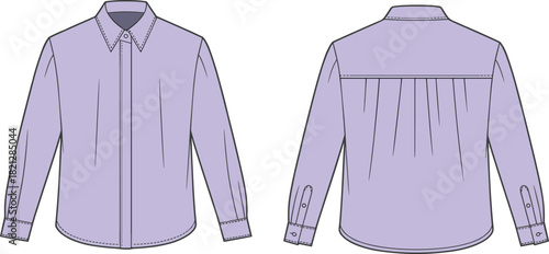 Long sleeve shirt technical sketch, front and back view, fashion flat drawing, apparel design template, garment construction, vector illustration