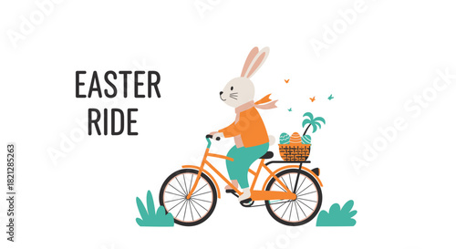 Cute easter bunny riding a bicycle with a basket full of colorful eggs and palm tree on a white background
