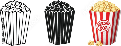 Popcorn box vector illustration set of three styles perfect for movie night graphics and snack-themed designs